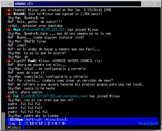 Chateando con el programa de IRC en consola BitchX.